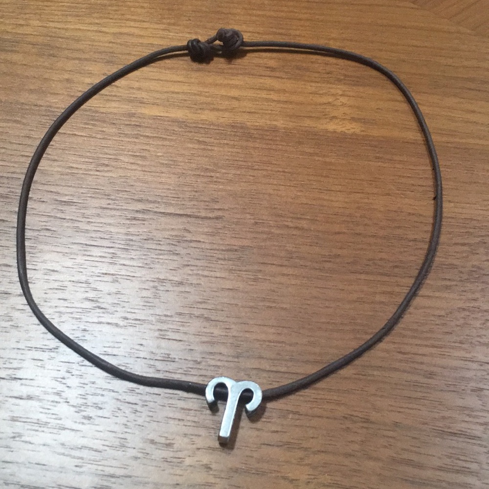 Vintage Aries Charm Necklace Brown Leather Cord
